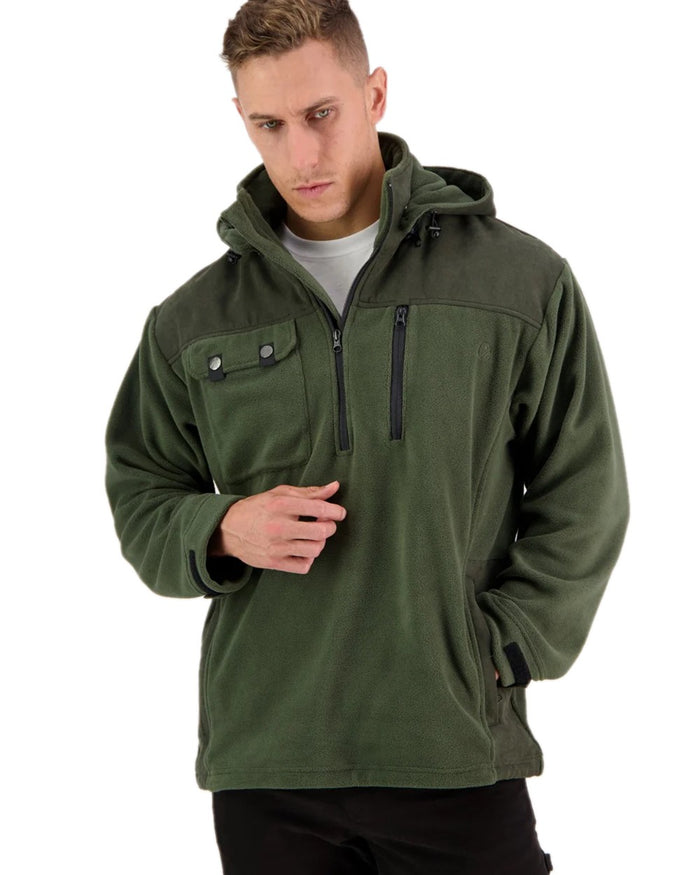 Olive Coloured Swanndri Mens High Rock Technical Fleece Hoodie on white background #colour_olive