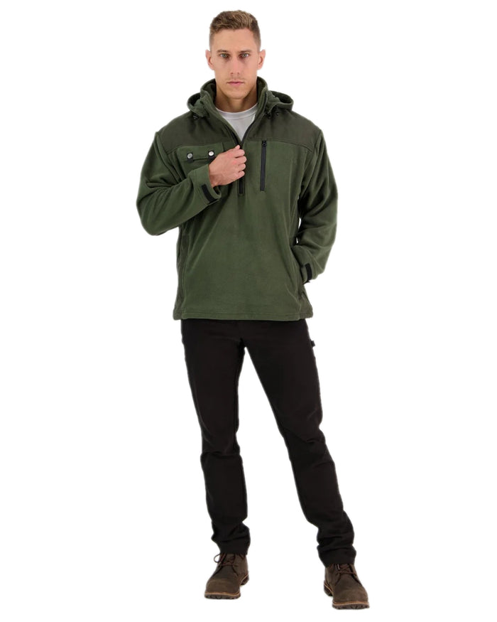Olive Coloured Swanndri Mens High Rock Technical Fleece Hoodie on white background #colour_olive
