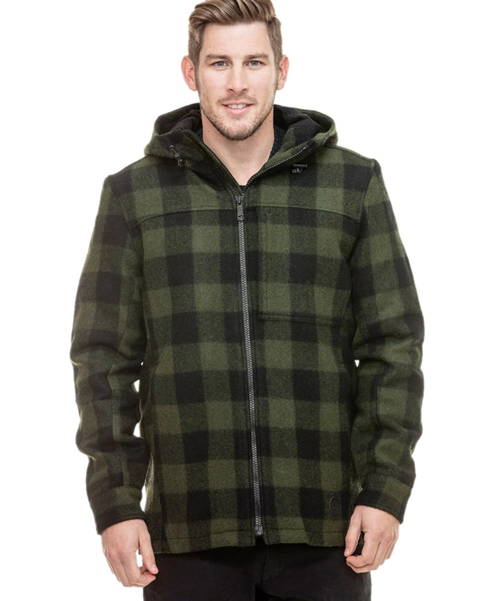 Olive Black Check Coloured Swanndri Mens Hudson Wool Hoodie on white background #colour_olive-black-check