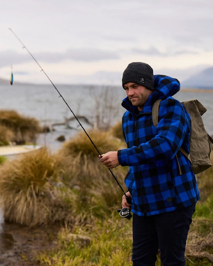 Blue Black Check Coloured Swanndri Mens Hudson Wool Hoodie on sea background #colour_blue-black-check