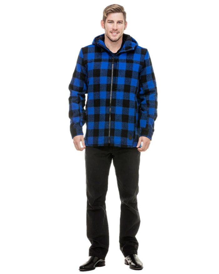 Blue Black Check Coloured Swanndri Mens Hudson Wool Hoodie on white background #colour_blue-black-check