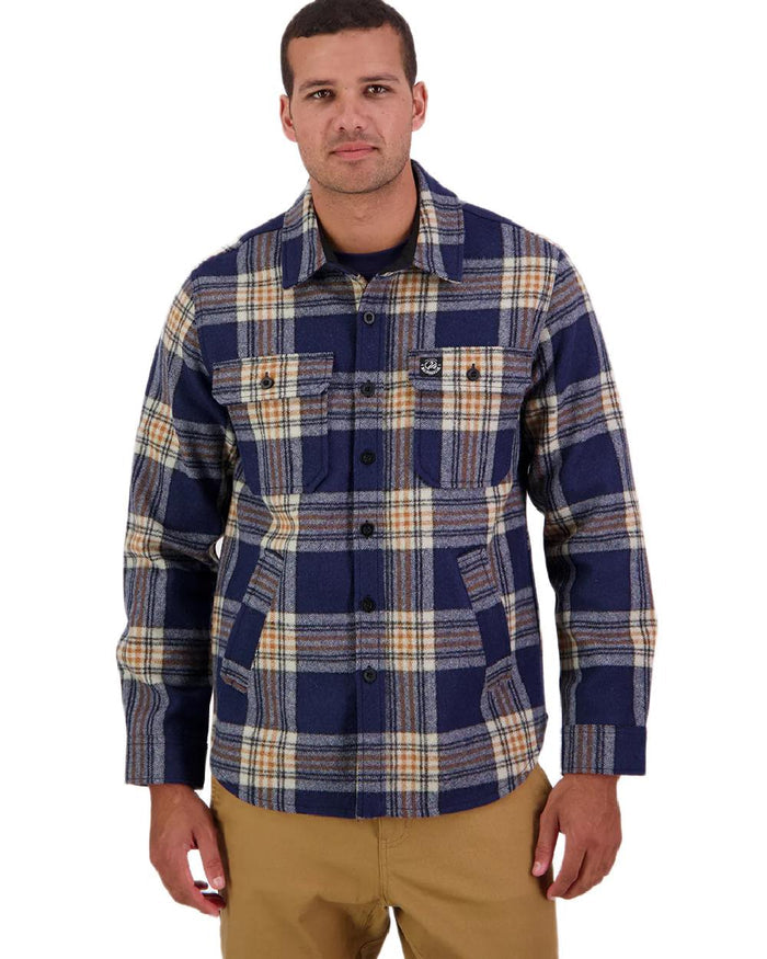 Atlantic Check Coloured Swanndri Mens Kiaraki V3 Wool Shacket on white background #colour_atlantic-check
