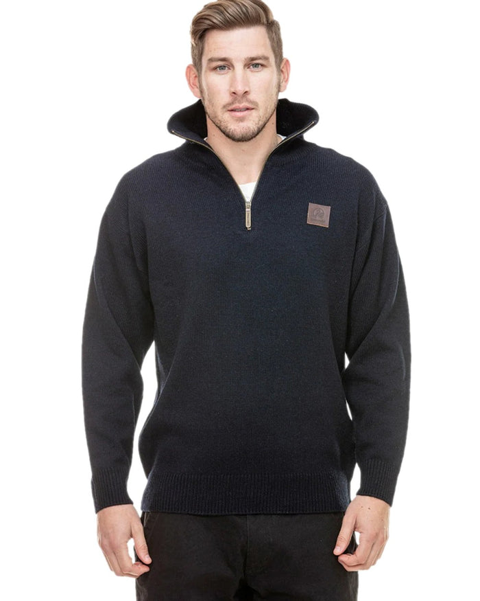 Navy Coloured Swanndri Mens Mariner Wool Zip Neck Sweater on white background #colour_navy