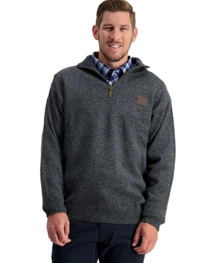 Charcoal Marle Coloured Swanndri Mens Mariner Wool Zip Neck Sweater on white background #colour_charcoal-marle