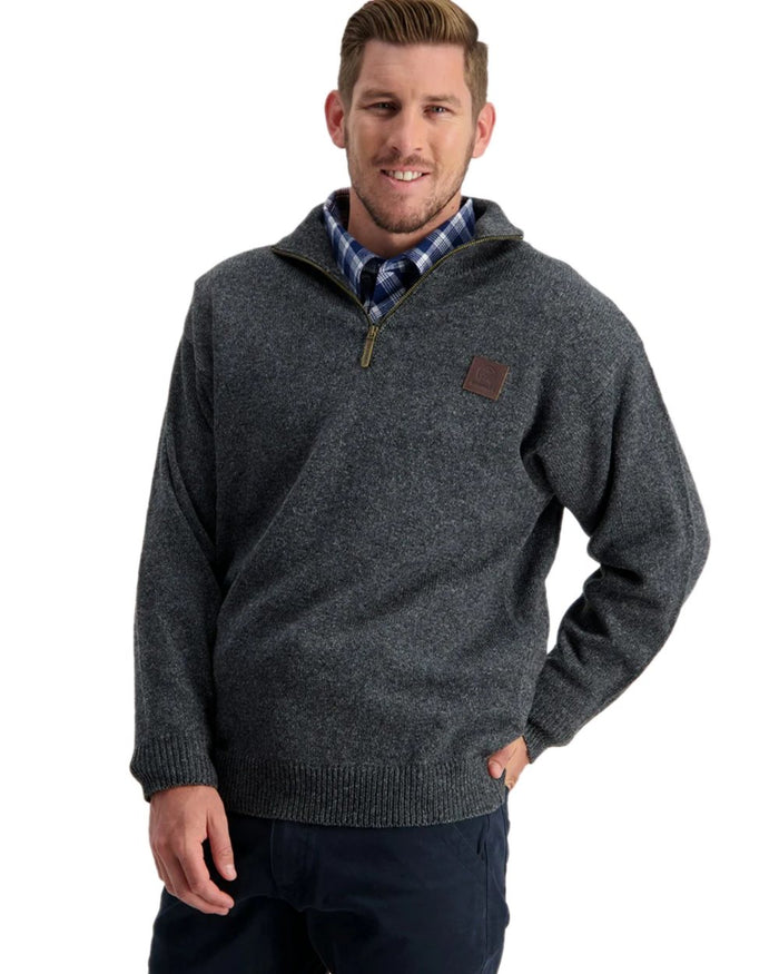 Charcoal Marle Coloured Swanndri Mens Mariner Wool Zip Neck Sweater on white background #colour_charcoal-marle