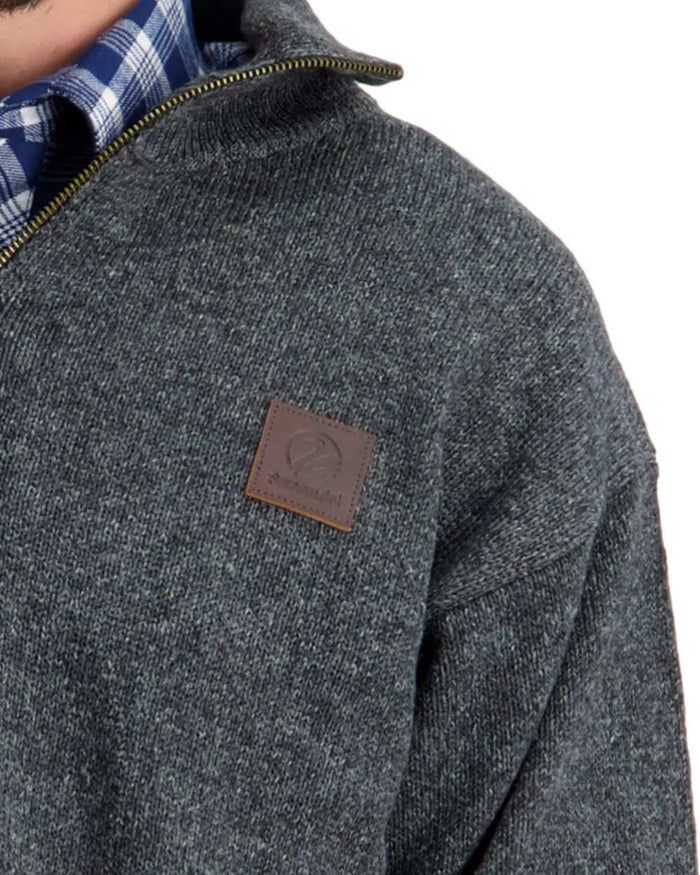 Charcoal Marle Coloured Swanndri Mens Mariner Wool Zip Neck Sweater on white background #colour_charcoal-marle