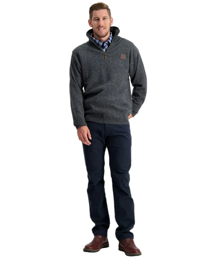 Charcoal Marle Coloured Swanndri Mens Mariner Wool Zip Neck Sweater on white background #colour_charcoal-marle