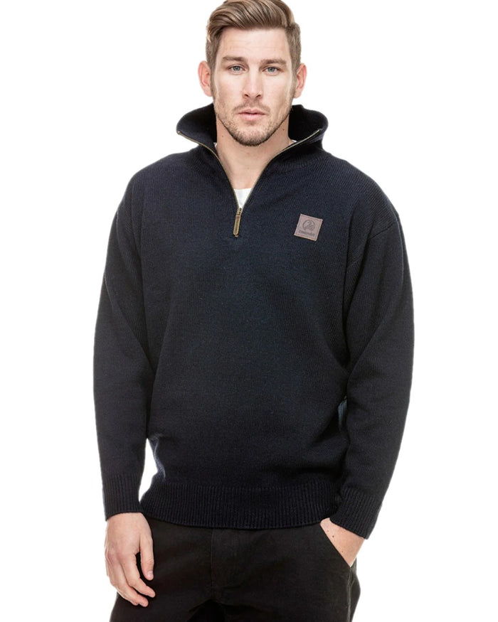 Navy Coloured Swanndri Mens Mariner Wool Zip Neck Sweater on white background #colour_navy