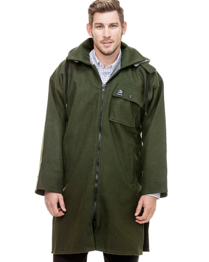 Olive Coloured Swanndri Mens Mosgiel Wool Bushshirt with Zip-up Front on white background #colour_olive