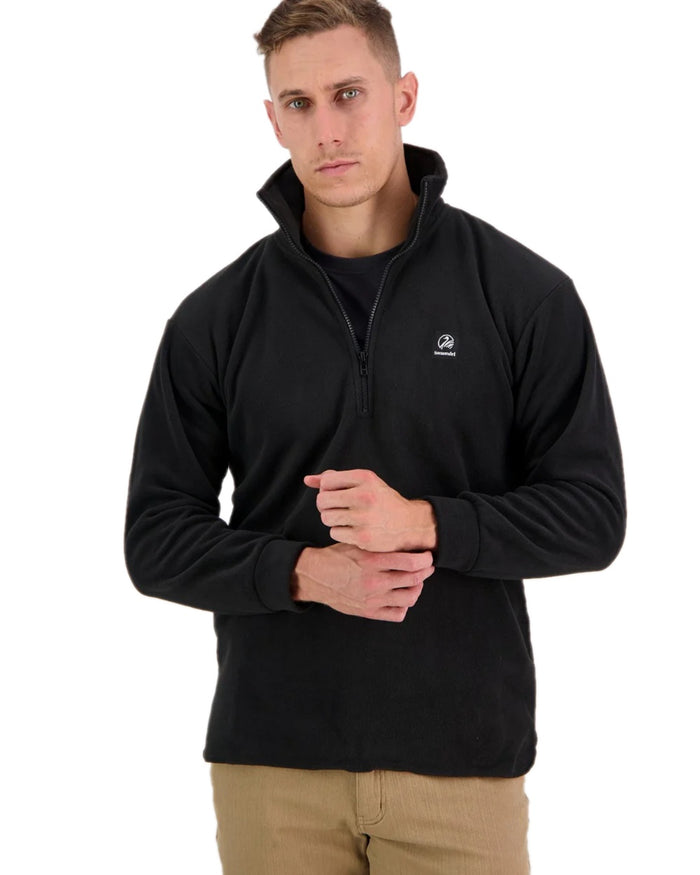 Black Coloured Swanndri Mens Motu Fleece Pullover on white background #colour_black