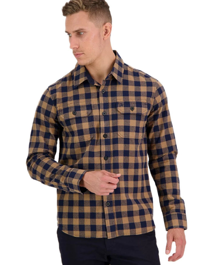 Gold Navy Coloured Swanndri Mens Okato V2 Long Sleeve Shirt on white background #colour_gold-navy