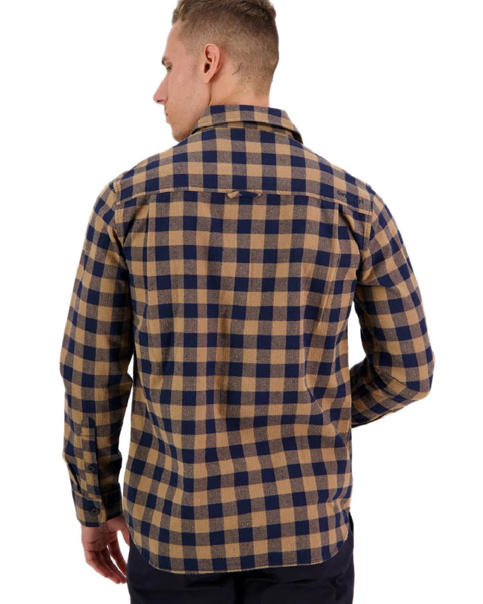 Gold Navy Coloured Swanndri Mens Okato V2 Long Sleeve Shirt on white background #colour_gold-navy