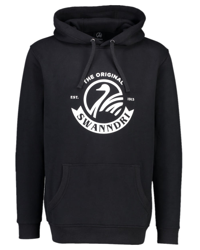 Black Coloured Swanndri Mens Original Fleece Hoodie on white background #colour_black