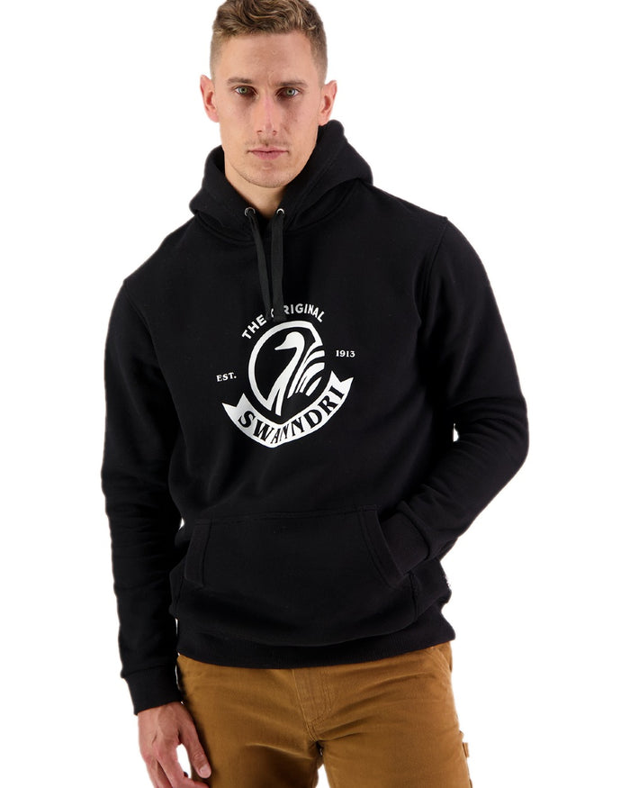 Black Coloured Swanndri Mens Original Fleece Hoodie on white background #colour_black