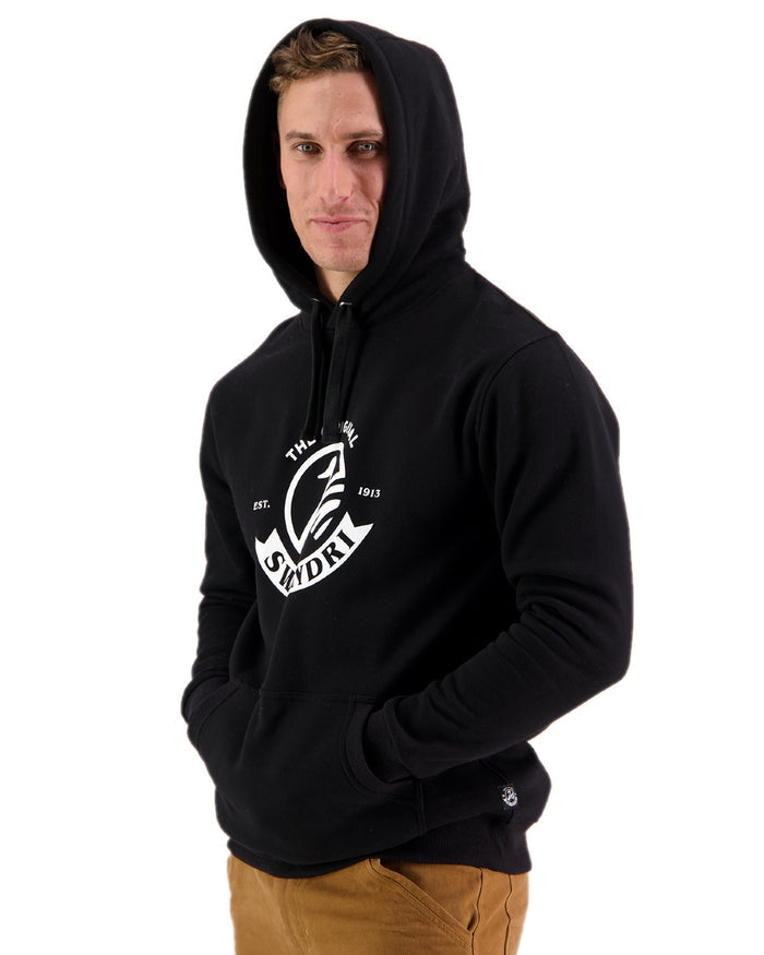 Black Coloured Swanndri Mens Original Fleece Hoodie on white background #colour_black