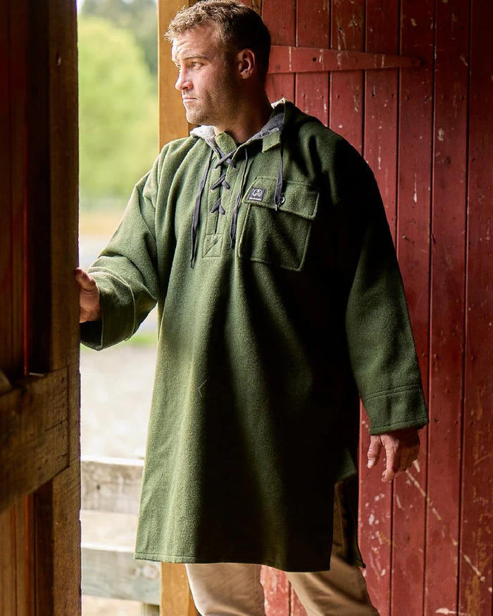 Olive Coloured Swanndri Mens Original Wool Bushshirt With Lace-Up Front on door background #colour_olive