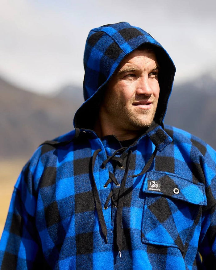 Blue Black Check Coloured Swanndri Mens Original Wool Bushshirt With Lace-Up Front on blurry background #colour_blue-black-check