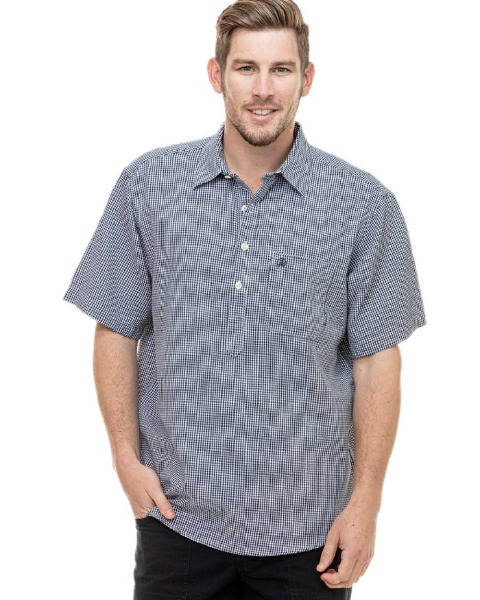 Navy White Check Coloured Swanndri Mens Paihia Short Sleeve Shirt on white background #colour_navy-white-check