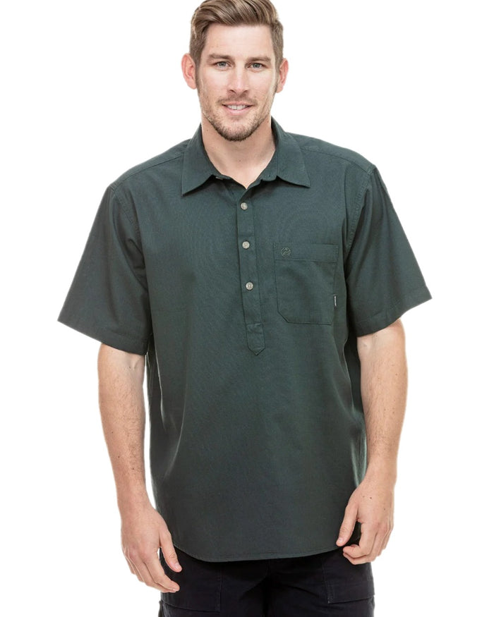 Forest Green Coloured Swanndri Mens Paihia Short Sleeve Shirt on white background #colour_forest-green