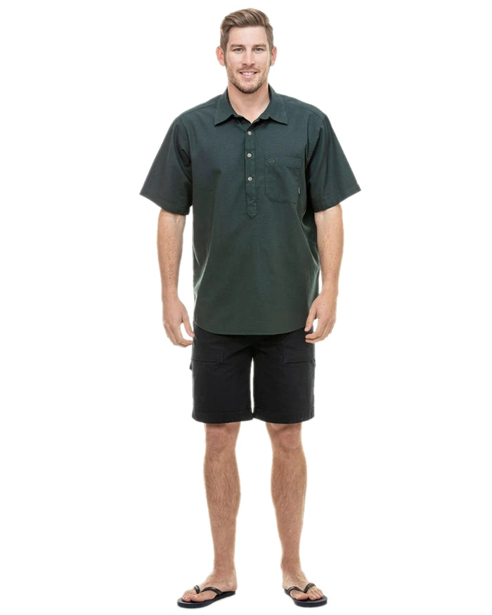 Forest Green Coloured Swanndri Mens Paihia Short Sleeve Shirt on white background #colour_forest-green