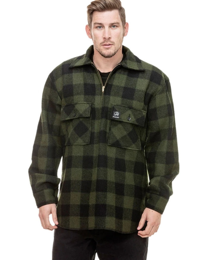 Olive Black Check Coloured Swanndri Mens Ranger Wool Zip Front Bushshirt on white background #colour_olive-black-check