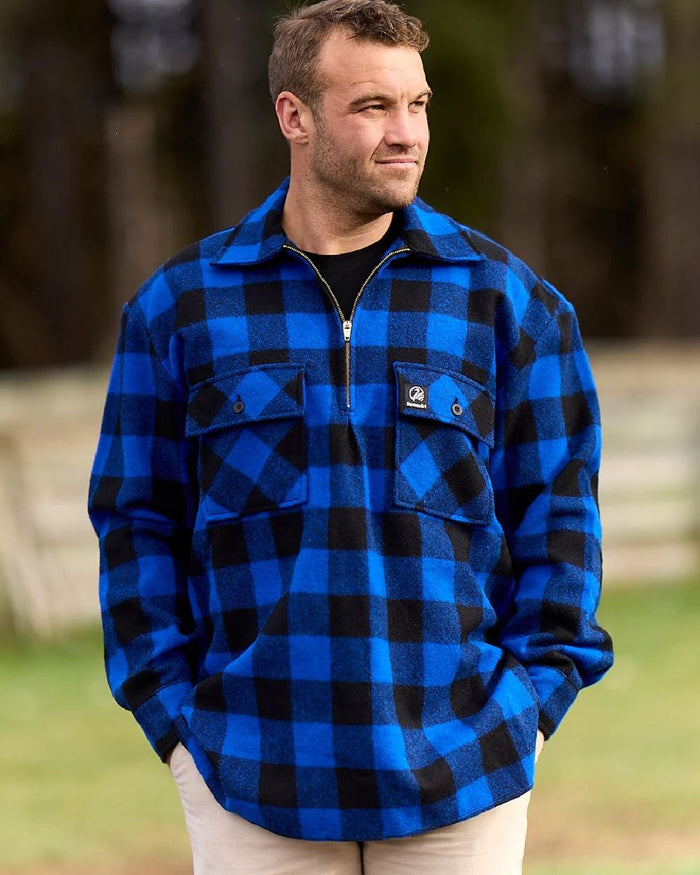 Blue Black Check Coloured Swanndri Mens Ranger Wool Zip Front Bushshirt on blurry background #colour_blue-black-check