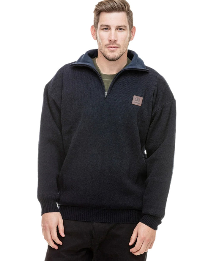 Navy Coloured Swanndri Mens Rhino Stormshield Wool Jersey with Windproof Lining on white background #colour_navy