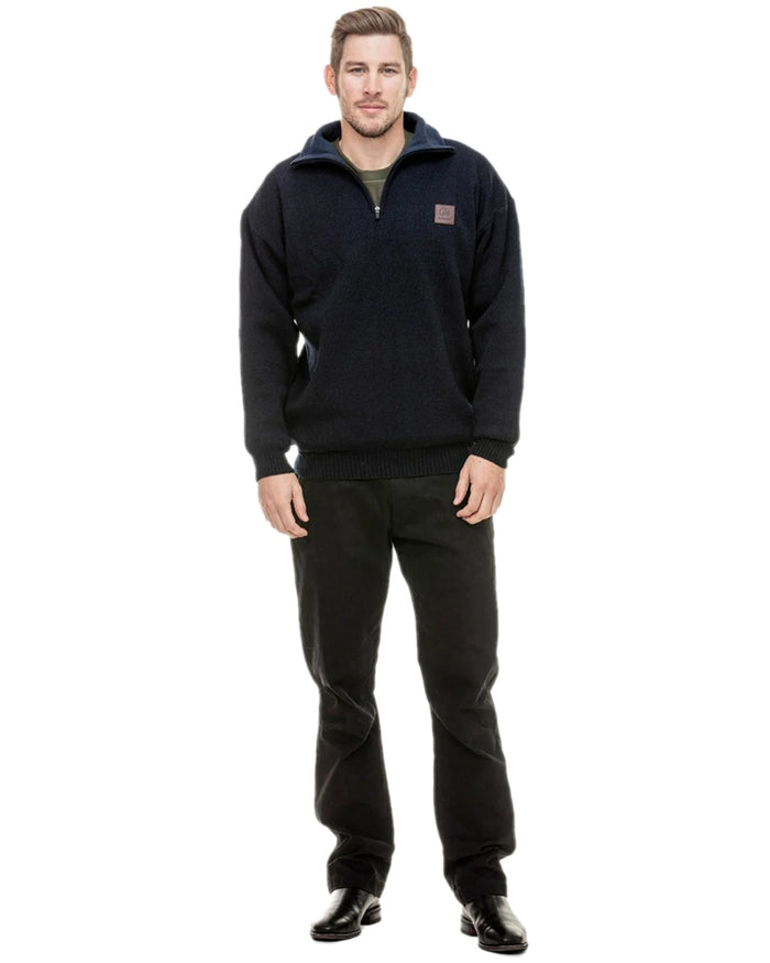 Navy Coloured Swanndri Mens Rhino Stormshield Wool Jersey with Windproof Lining on white background #colour_navy