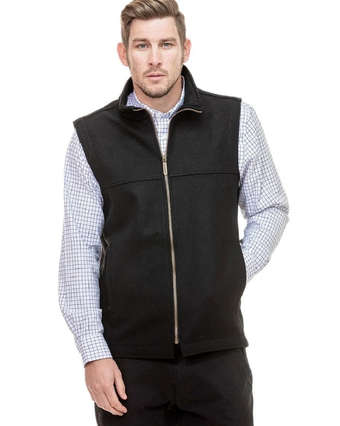 Black Coloured Swanndri Mens Saddleback Wool Vest on white background #colour_black