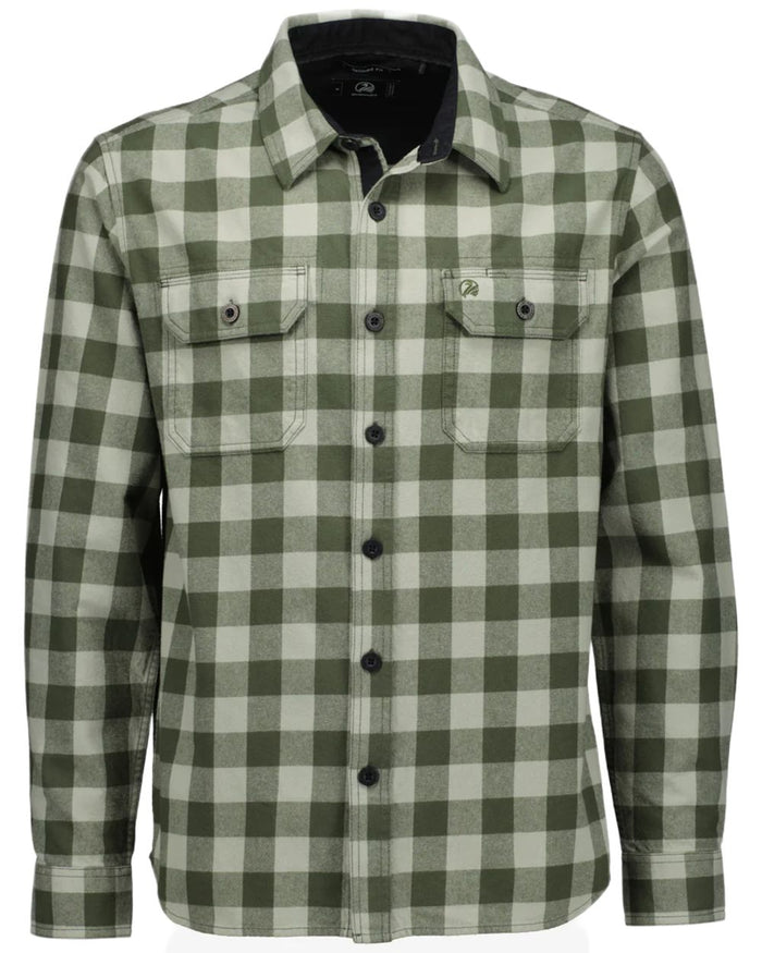 Horizon Grey Dark Olive Coloured Swanndri Mens Taranaki Tailor Long Sleeve Shirt on white background #colour_horizon-grey-dark-olive