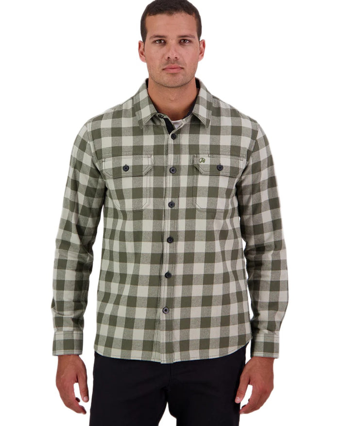 Horizon Grey Dark Olive Coloured Swanndri Mens Taranaki Tailor Long Sleeve Shirt on white background #colour_horizon-grey-dark-olive