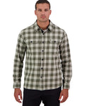 Horizon Grey Dark Olive Coloured Swanndri Mens Taranaki Tailor Long Sleeve Shirt on white background #colour_horizon-grey-dark-olive