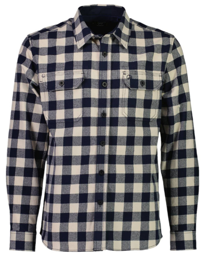 Navy Sandshell Coloured Swanndri Mens Taranaki Tailor Long Sleeve Shirt on white background #colour_navy-sandshell