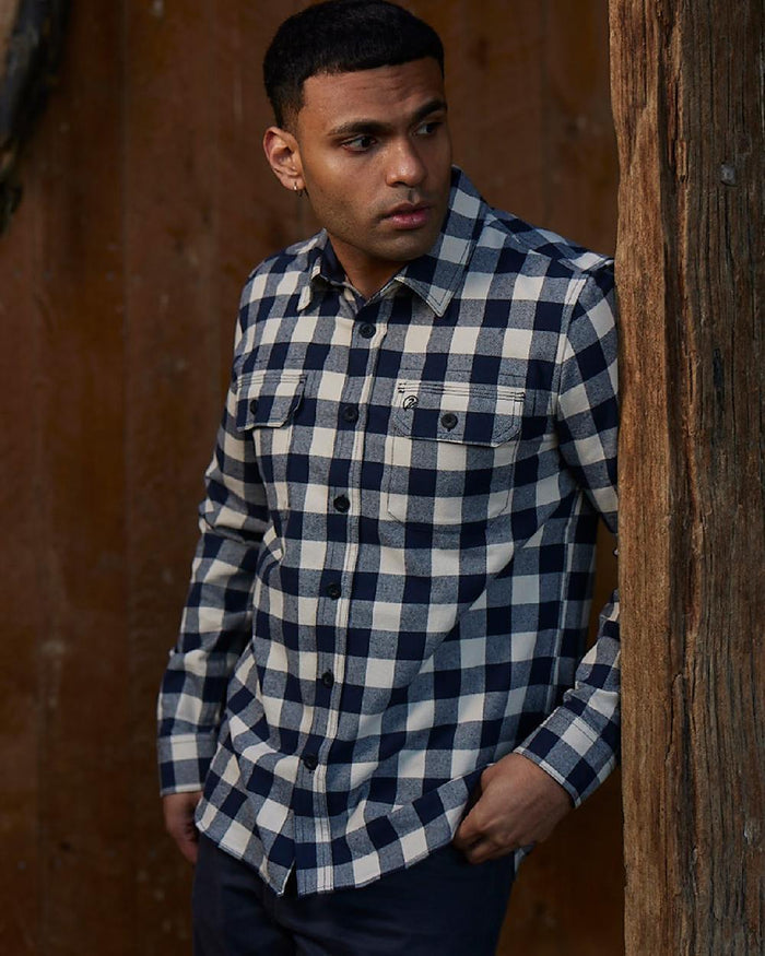 Navy Sandshell Coloured Swanndri Mens Taranaki Tailor Long Sleeve Shirt on outdoor background #colour_navy-sandshell