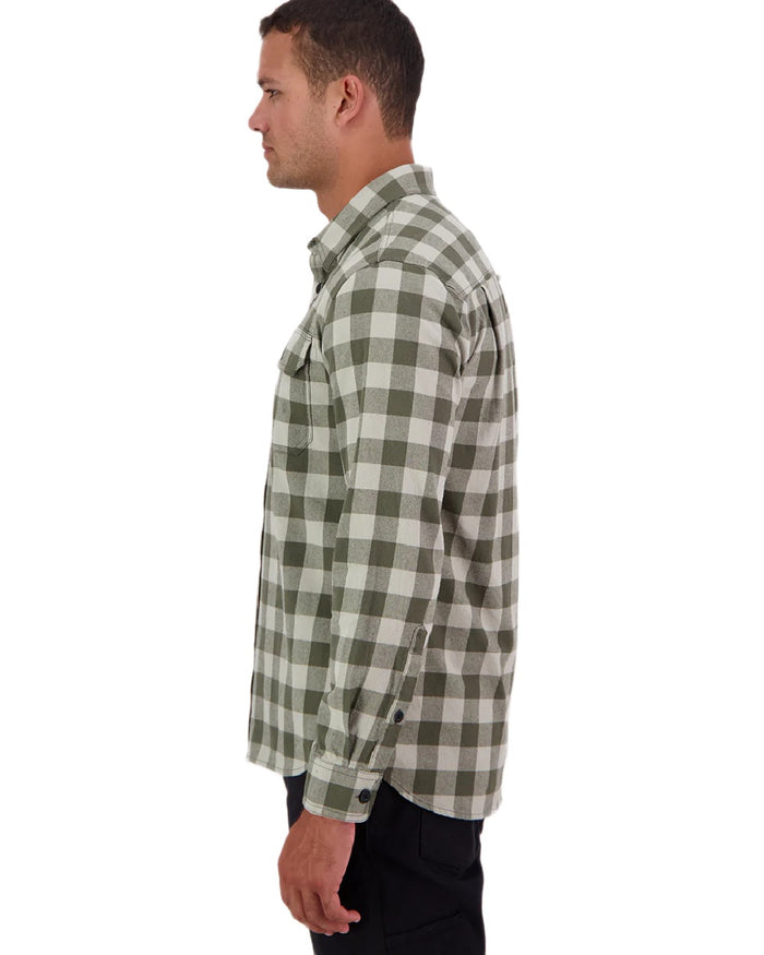 Horizon Grey Dark Olive Coloured Swanndri Mens Taranaki Tailor Long Sleeve Shirt on white background #colour_horizon-grey-dark-olive