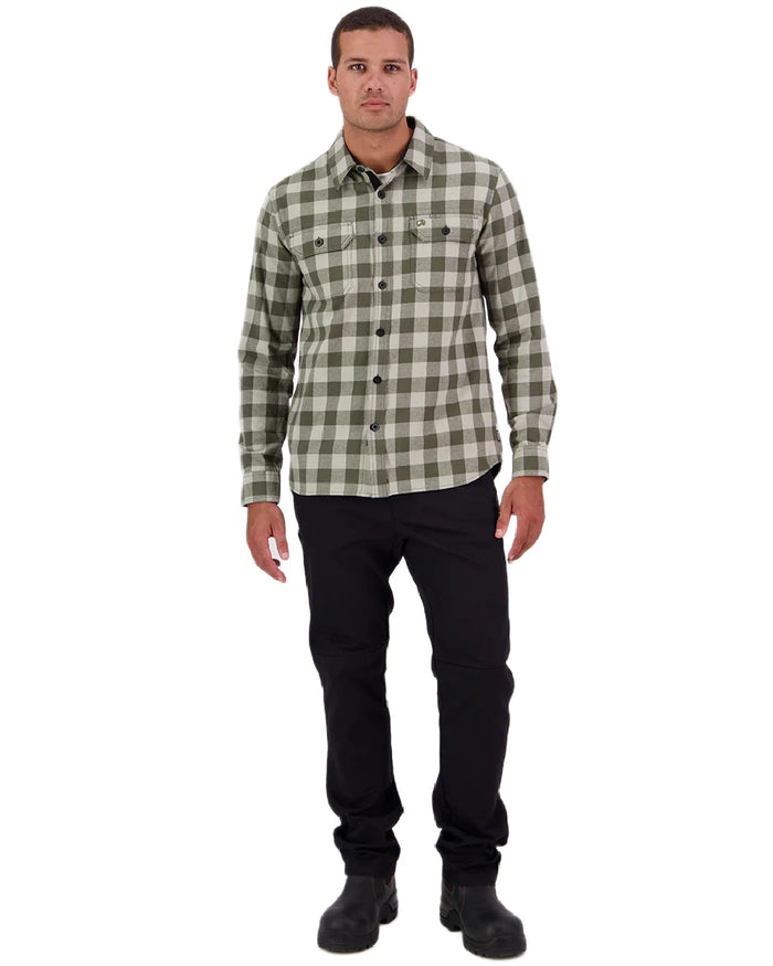 Horizon Grey Dark Olive Coloured Swanndri Mens Taranaki Tailor Long Sleeve Shirt on white background #colour_horizon-grey-dark-olive