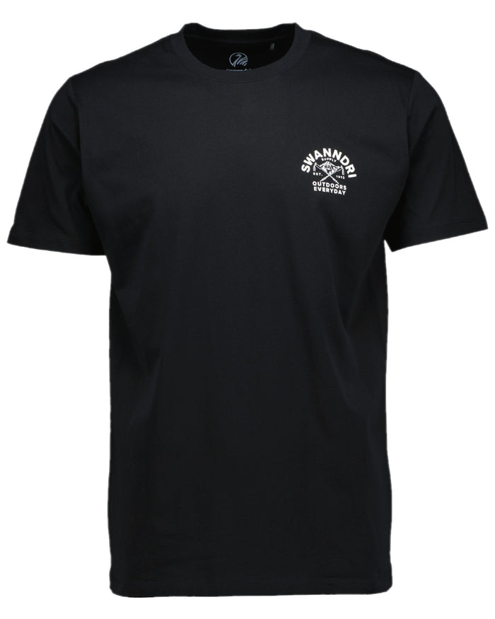 Black White Coloured Swanndri Mens Trails Printed T-Shirt on white background #colour_black-white