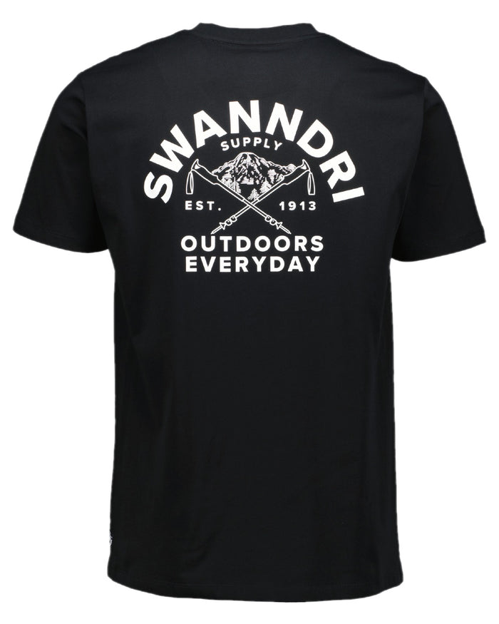 Black White Coloured Swanndri Mens Trails Printed T-Shirt on white background #colour_black-white