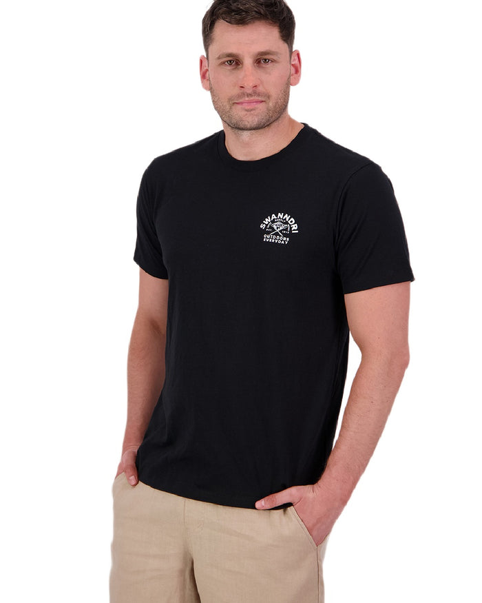Black White Coloured Swanndri Mens Trails Printed T-Shirt on white background #colour_black-white