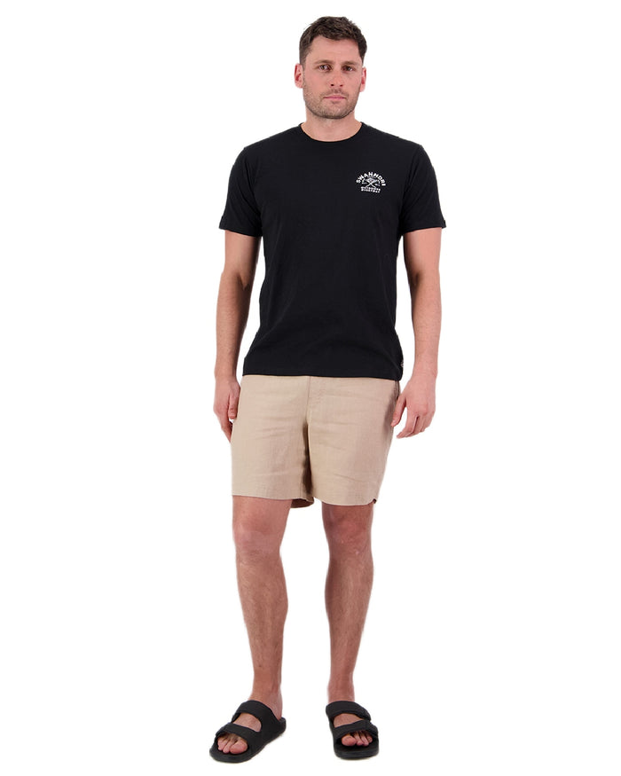 Black White Coloured Swanndri Mens Trails Printed T-Shirt on white background #colour_black-white