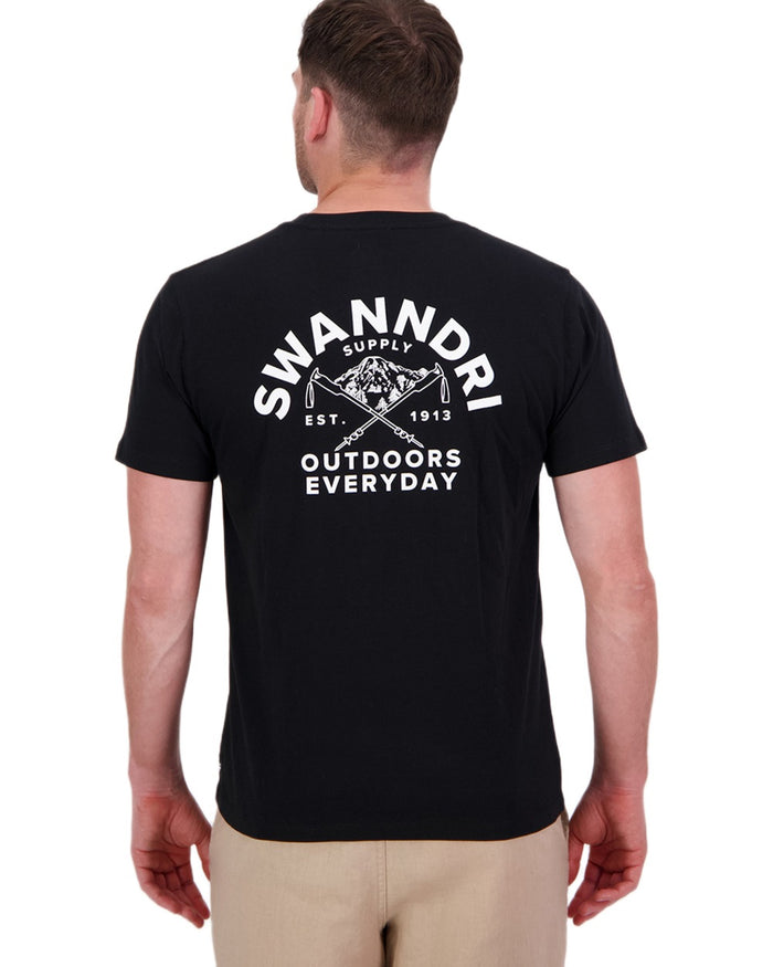 Black White Coloured Swanndri Mens Trails Printed T-Shirt on white background #colour_black-white