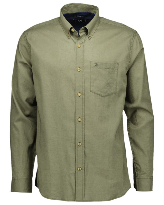 Olive Coloured Swanndri Mens Ward Long Sleeve Shirt on white background #colour_olive