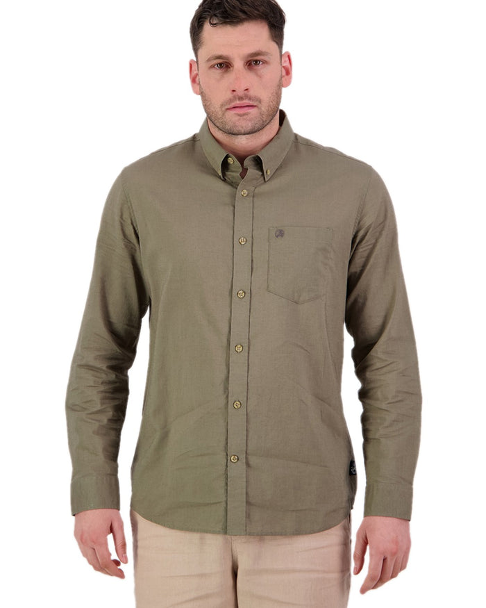 Olive Coloured Swanndri Mens Ward Long Sleeve Shirt on white background #colour_olive