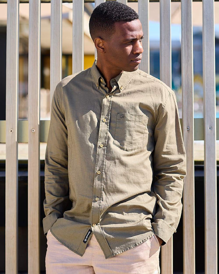 Olive Coloured Swanndri Mens Ward Long Sleeve Shirt on outdoor background #colour_olive