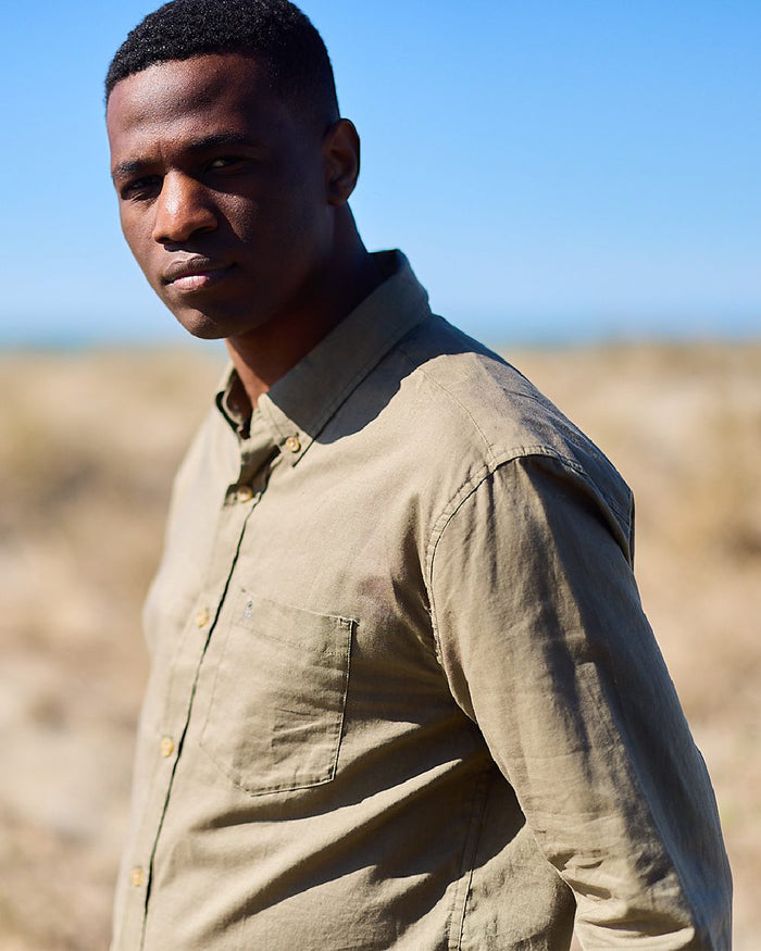 Olive Coloured Swanndri Mens Ward Long Sleeve Shirt on outdoor background #colour_olive