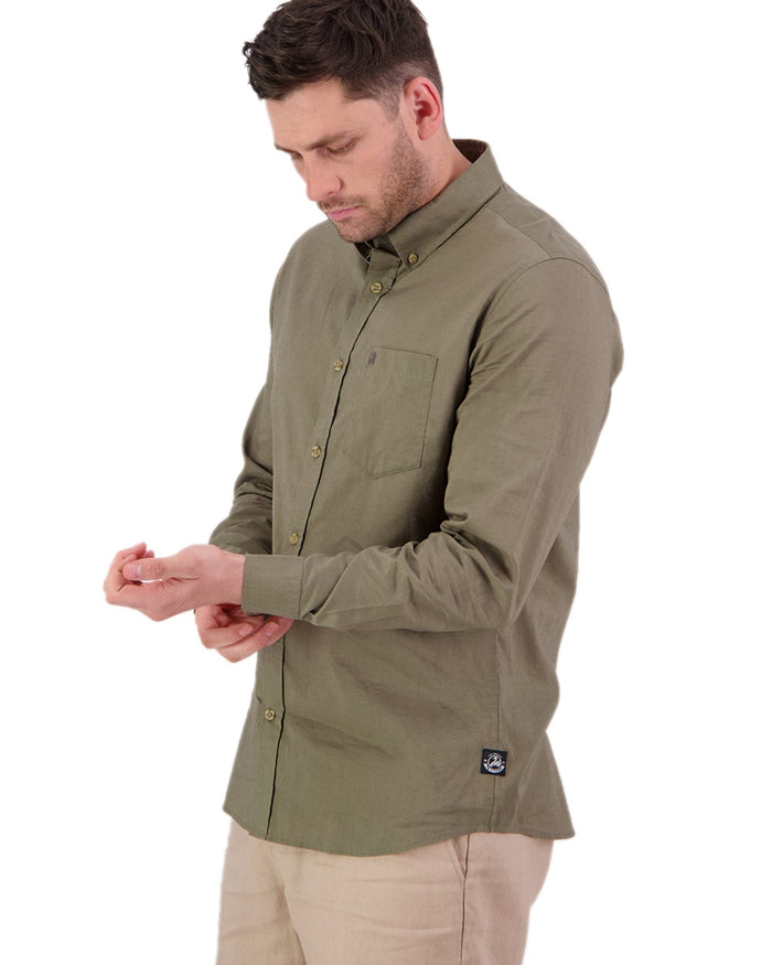 Olive Coloured Swanndri Mens Ward Long Sleeve Shirt on white background #colour_olive