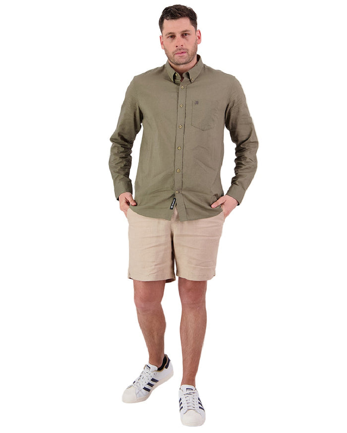 Olive Coloured Swanndri Mens Ward Long Sleeve Shirt on white background #colour_olive