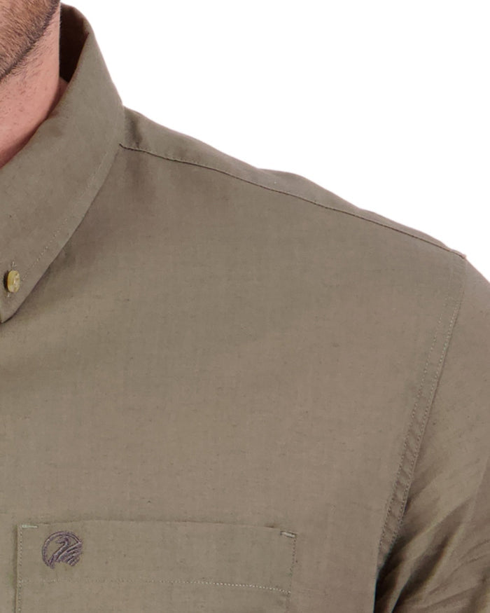 Olive Coloured Swanndri Mens Ward Long Sleeve Shirt on white background #colour_olive