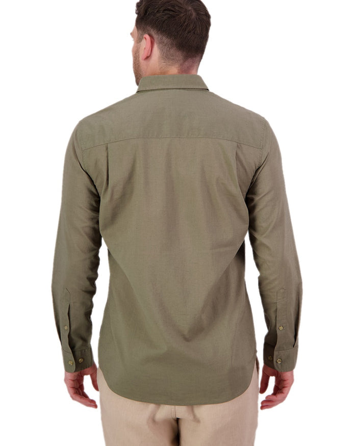 Olive Coloured Swanndri Mens Ward Long Sleeve Shirt on white background #colour_olive