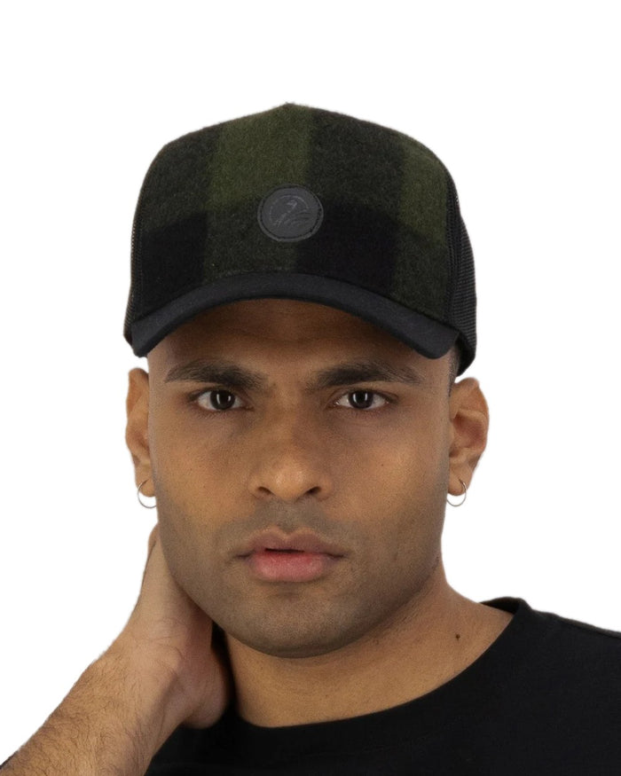 Olive Black Check Coloured Swanndri Swanni Trucker Cap on white background #colour_olive-black-check